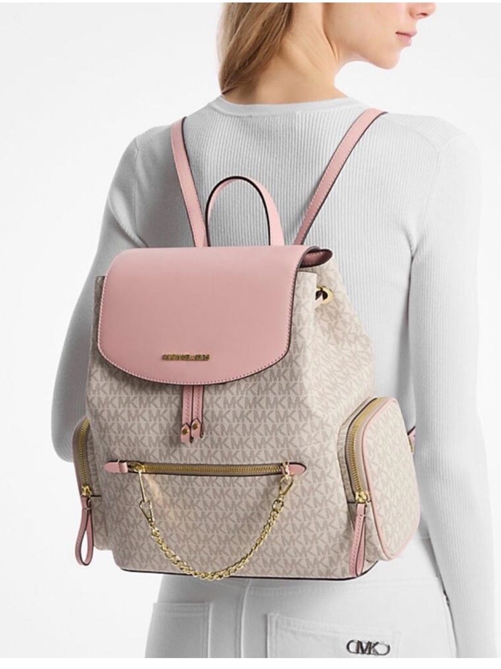 Michael KORS Jet Set Signature Pink Coated Canvas Drawstring Backpack Gold Chain